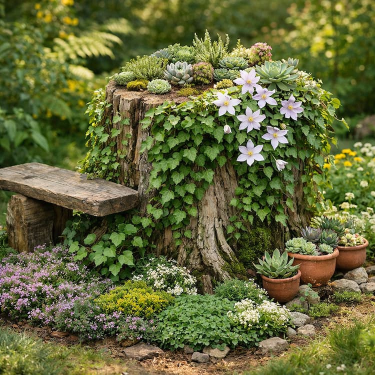idée déco jardin avec souche d’arbre fleurie