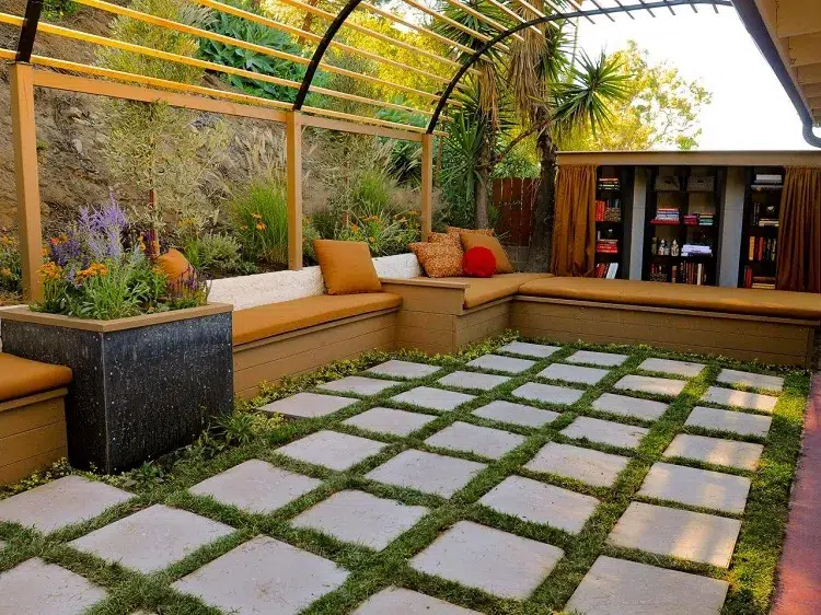 idées déco salon jardin avec pergola bibliotheque extérieur design moderne 2023