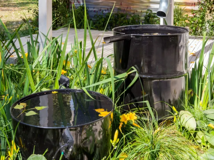 installer un récupérateur d'eau de pluie dans le jardin pour arroser les plantes au printemps été