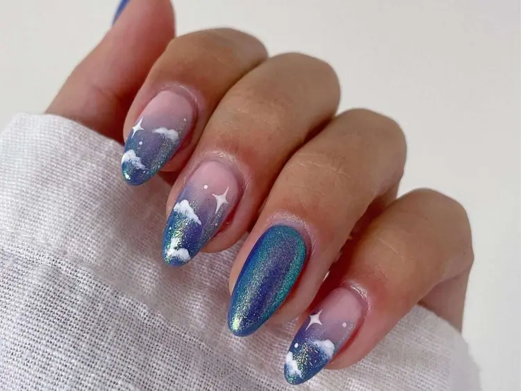 ongles tendance gel acryliaque bleu paillettes
