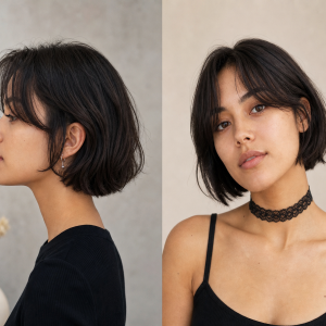 Coupe courte avec frange rideau – bob court noir et pixie brun pour cheveux courts tendance