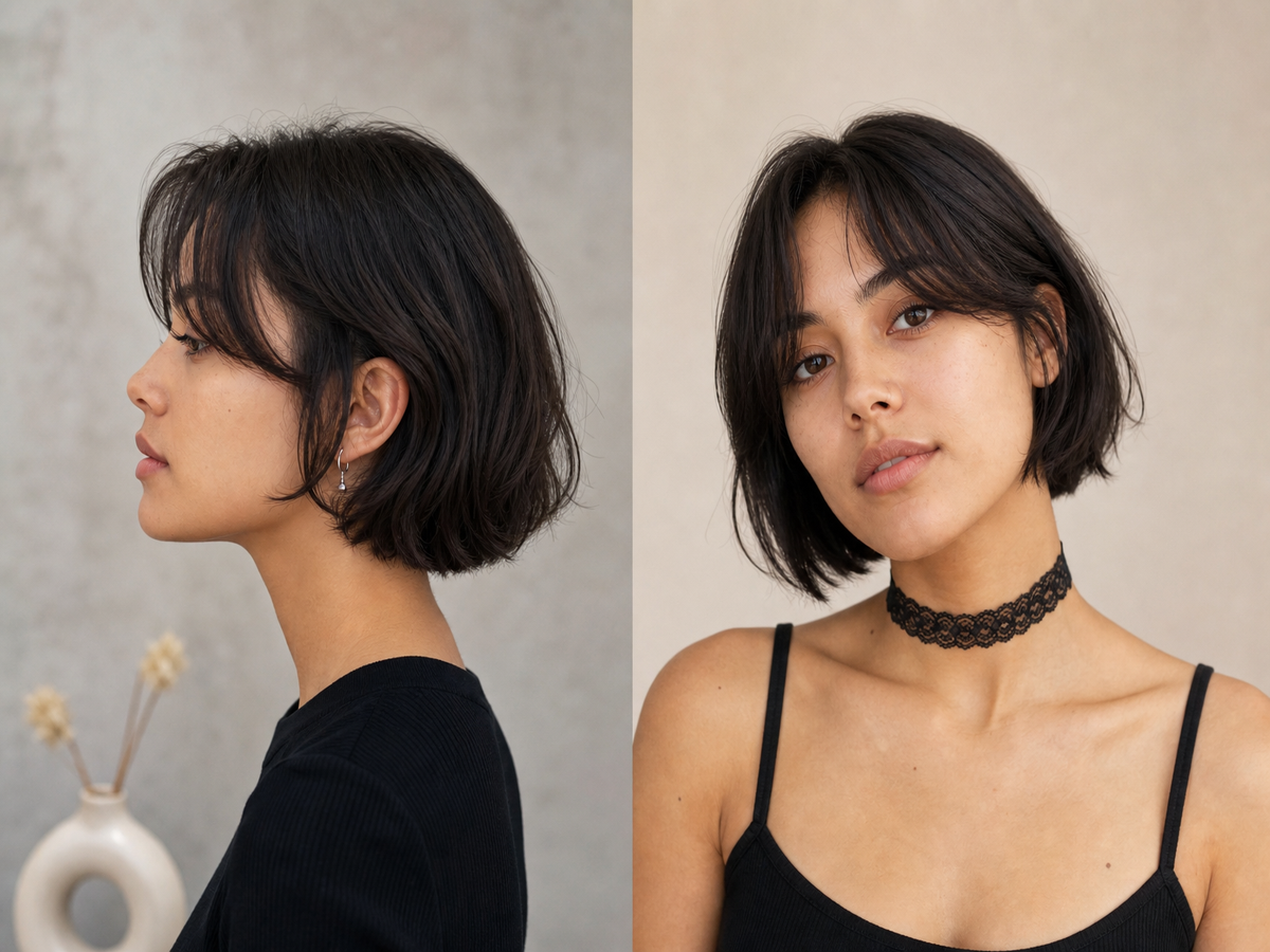 Coupe courte avec frange rideau – bob court noir et pixie brun pour cheveux courts tendance