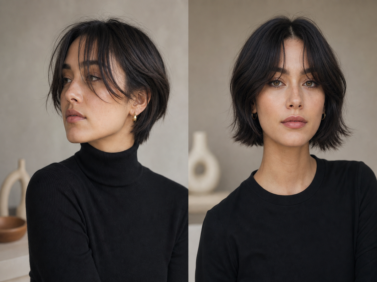 Coiffure courte avec frange rideau – duo de bobs courts en noir et brun pour un look moderne