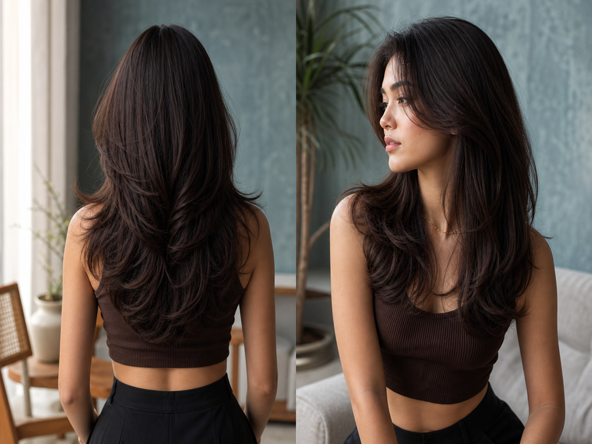Coupe de cheveux longue dégradée vue dos et profil – butterfly cut femme cheveux bruns 2023