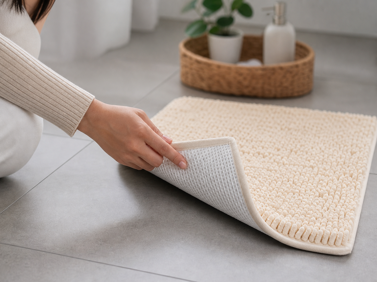 Envers antidérapant d'un tapis de bain chenille beige plié sur carrelage gris