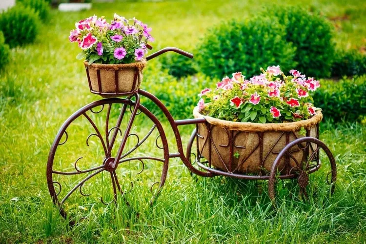 décoration de jardin avec des pots de fleurs vélo décoratif porte plantes