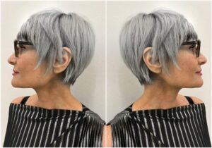 idée coupe courte femme avec lunettes 50 60 ans coloration grise