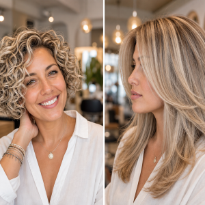 Mèches sur cheveux blonds : balayage californien et mèches platine sur carré bouclé, inspiration salon