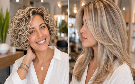 Mèches sur cheveux blonds : balayage californien et mèches platine sur carré bouclé, inspiration salon