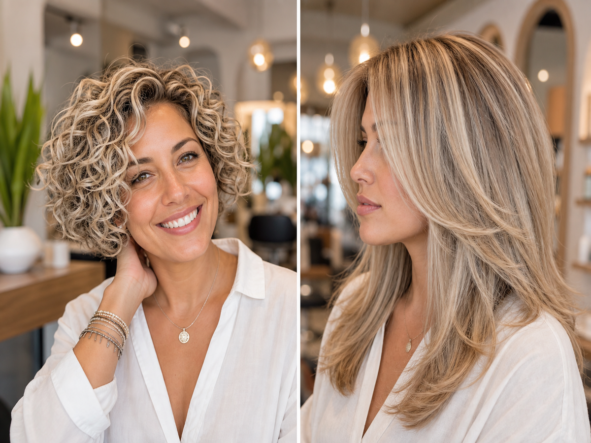 Mèches sur cheveux blonds : balayage californien et mèches platine sur carré bouclé, inspiration salon