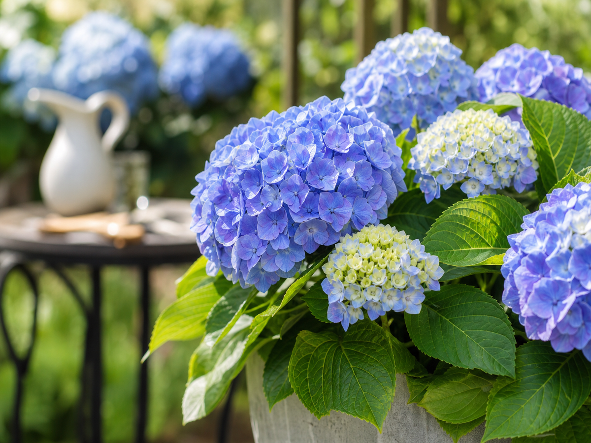 Hortensias bleus en pleine floraison avec feuillage vert luxuriant au jardin
