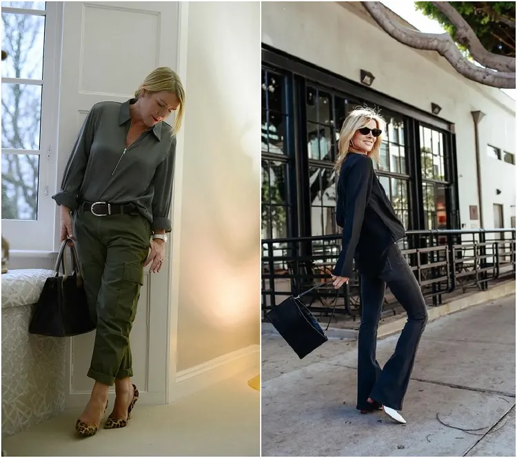 comment porter le pantalon large noir après 50 ans femme 60 ans modele 7 9 dad cut palazzo cargo pants