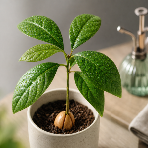 Jeune avocatier en pot avec feuilles couvertes de gouttelettes d'eau, noyau visible dans la terre