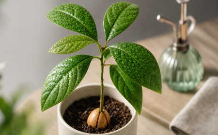 Jeune avocatier en pot avec feuilles couvertes de gouttelettes d'eau, noyau visible dans la terre