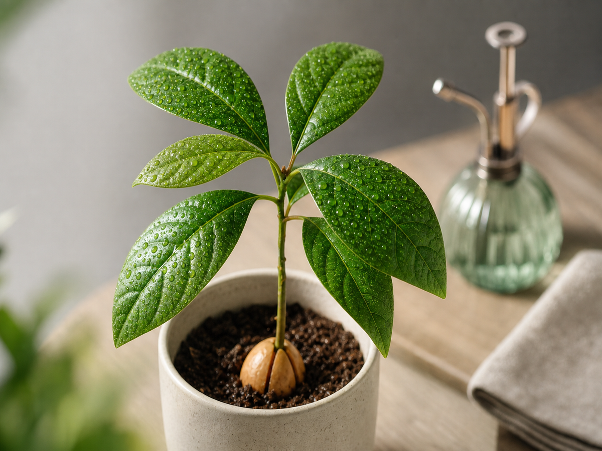 Jeune avocatier en pot avec feuilles couvertes de gouttelettes d'eau, noyau visible dans la terre