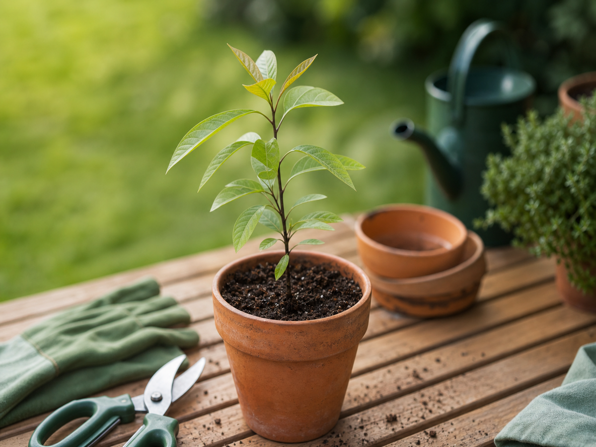 Avocatier en pot sur pelouse verte, jeune arbre avec tiges fines et feuilles vertes