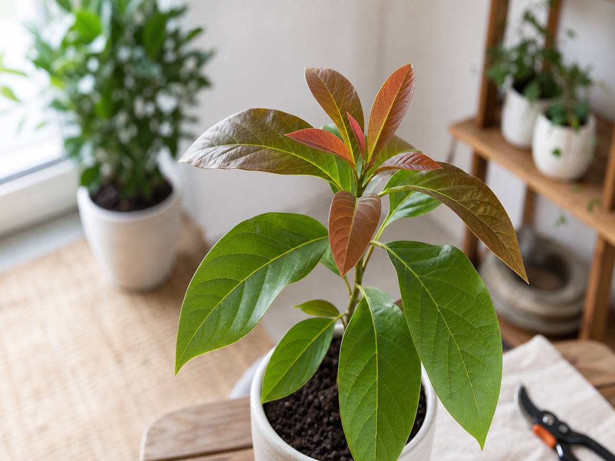 Vue du dessus d'un avocatier en pot avec nouvelles feuilles rougeâtres, plusieurs pots sur terrasse