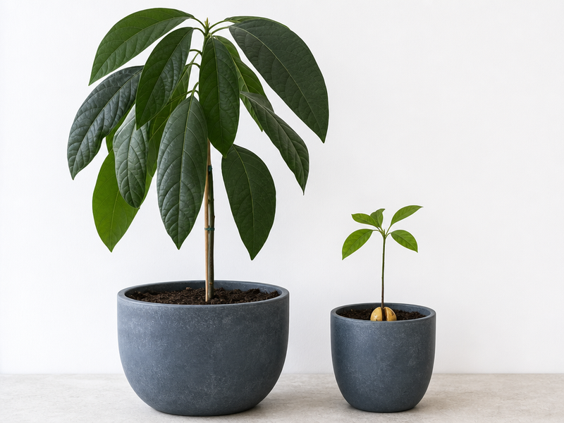 Deux avocatiers en pot bleu-gris contre mur blanc, comparaison plante adulte et jeune semis