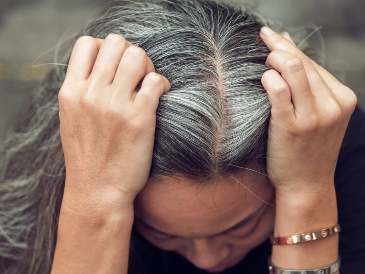 couleur de cheveux facile d'entretien sur des cheveux blancs et gris signes maturité quelques petits éclats argentés chevelure