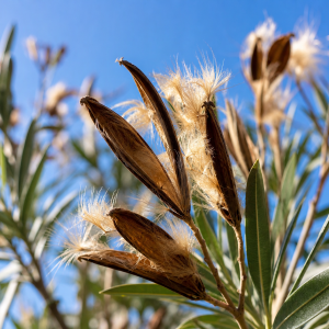 Gousses de laurier rose ouvertes avec graines plumeuses dorées contre un ciel bleu vif