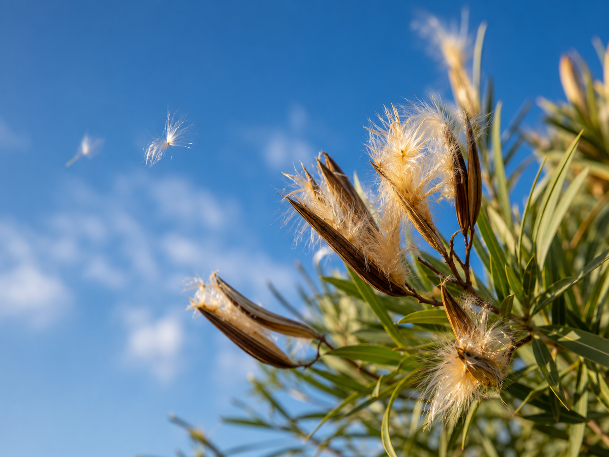 Vue en contre-plongée des cosses éclatées de laurier rose et leurs graines plumeuses sur ciel bleu