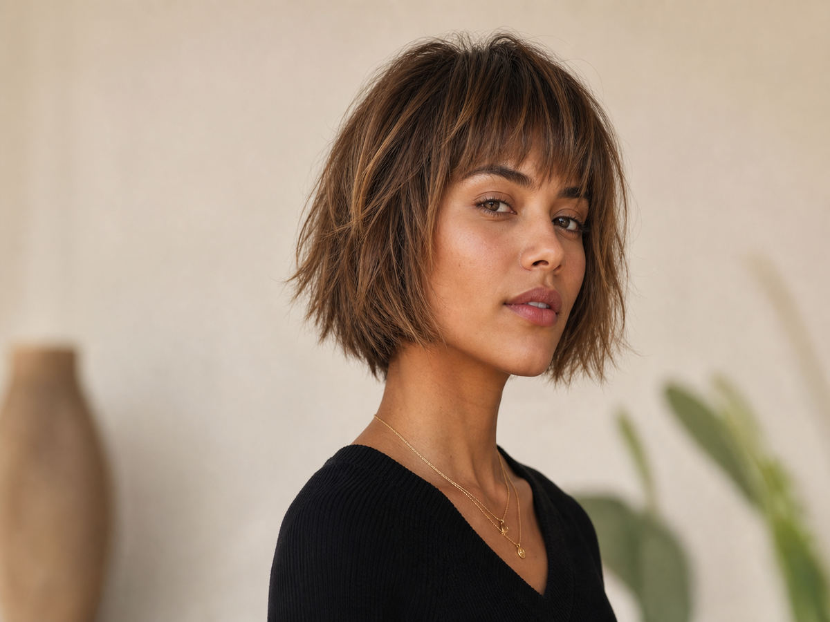carré court dégradé effilé avec frange pour les cheveux fins