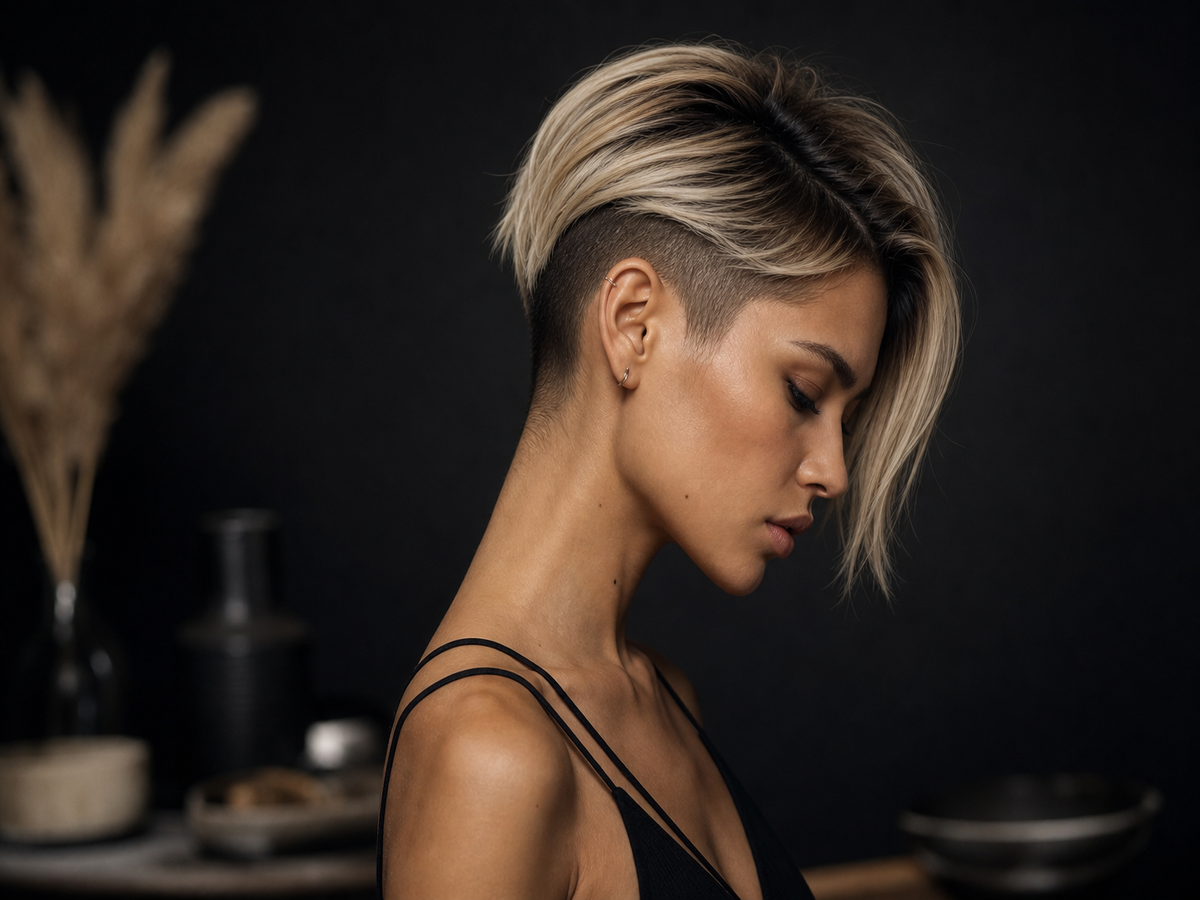 carré court dégradé effilé blond avec frange undercut coté