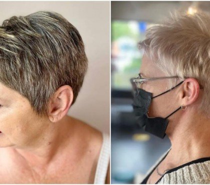 idées coupe cheveux court femme 60 ans avec mèches blondes nuque rasée