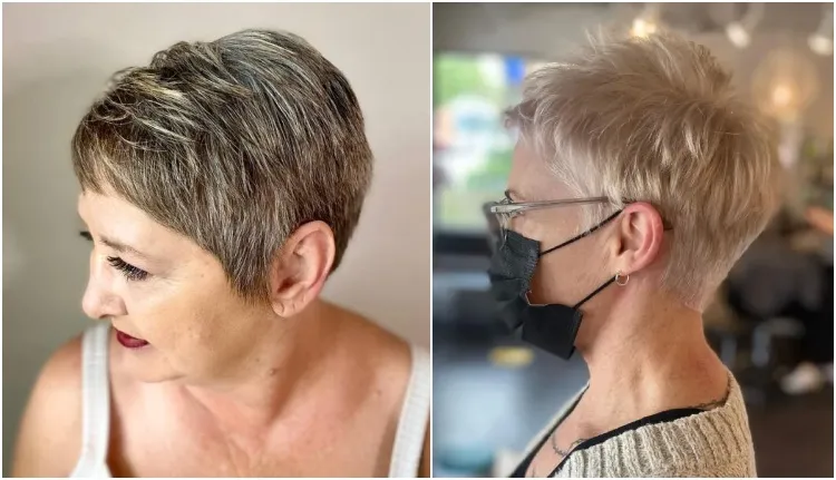 idées coupe cheveux court femme 60 ans avec mèches blondes nuque rasée