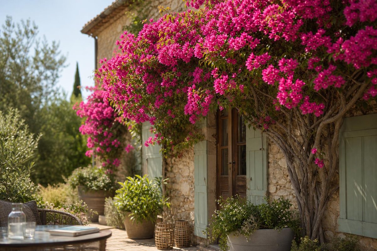 planter un bougainvillier près d’un mur en pierre