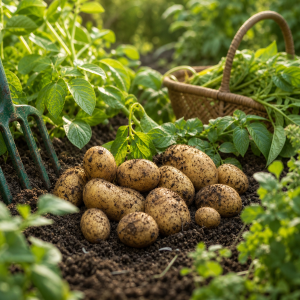 Pommes de terre fraîchement récoltées au pied des plants verts dans un potager