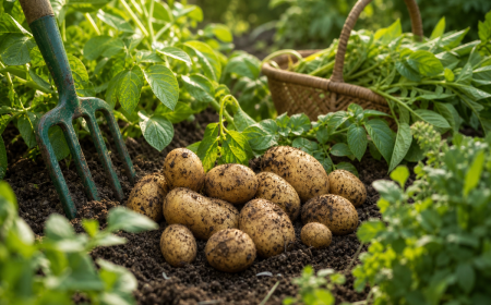 Pommes de terre fraîchement récoltées au pied des plants verts dans un potager