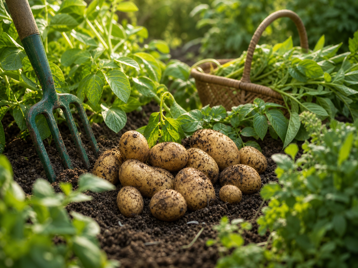 Pommes de terre fraîchement récoltées au pied des plants verts dans un potager