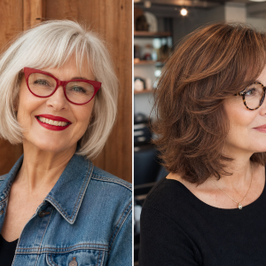 Coupe de cheveux femme 70 ans avec lunettes — bob court blanc et carré brun mi-long