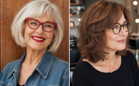Coupe de cheveux femme 70 ans avec lunettes — bob court blanc et carré brun mi-long