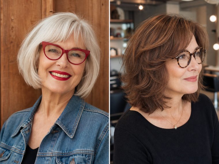 Coupe de cheveux femme 70 ans avec lunettes — bob court blanc et carré brun mi-long