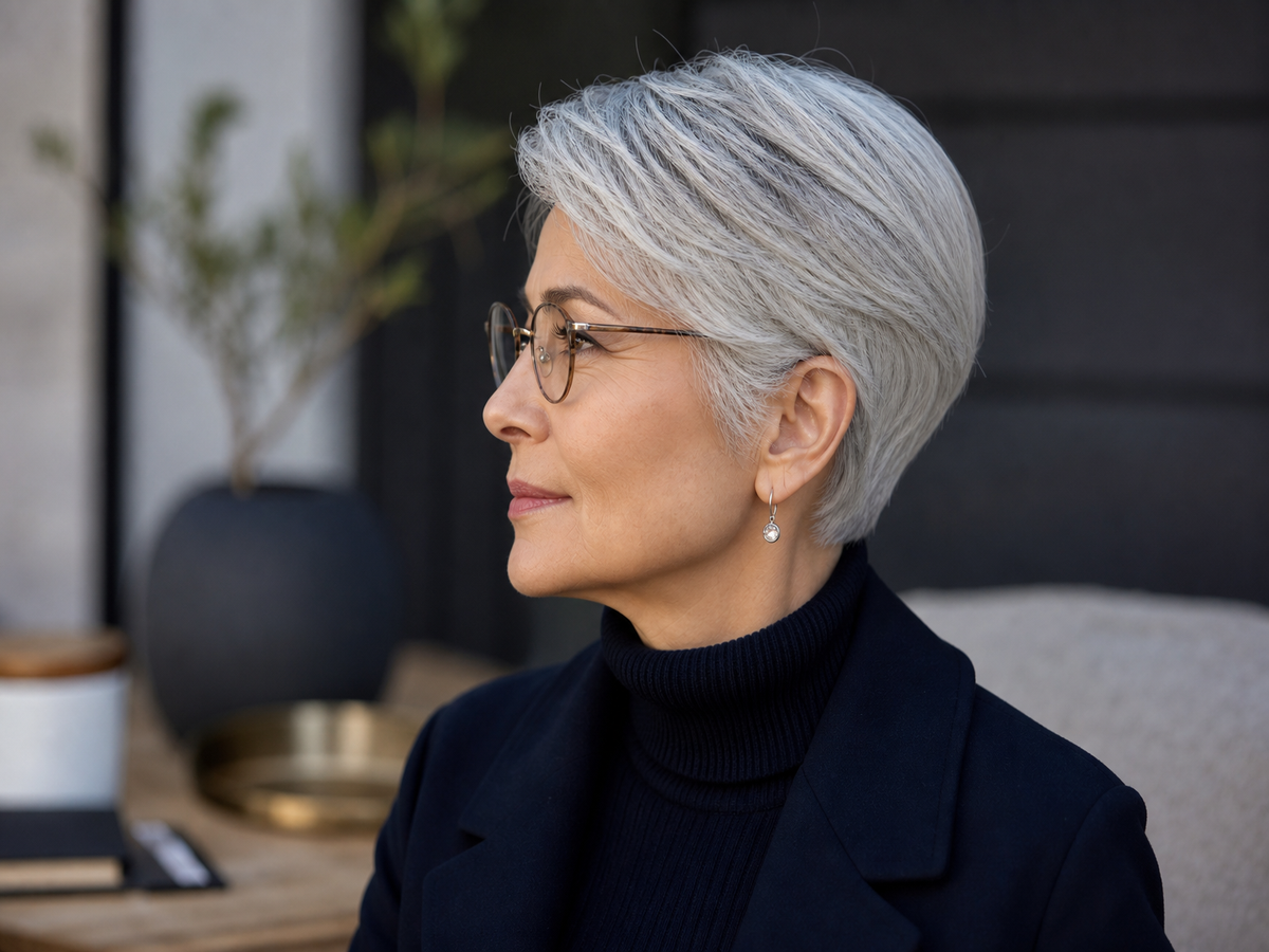 Coupe pixie courte argentée femme 70 ans vue de profil avec lunettes fines, mur de briques