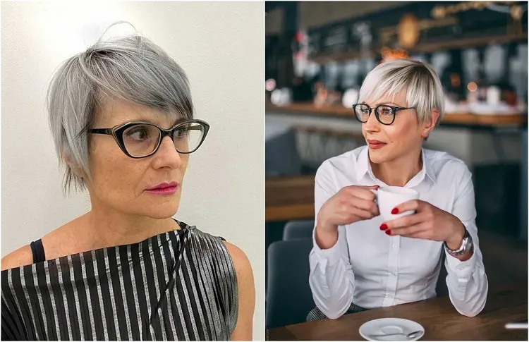 quelle coupe de cheveux gris femme 50 ans avec lunettes cheveux fins visage rond carré