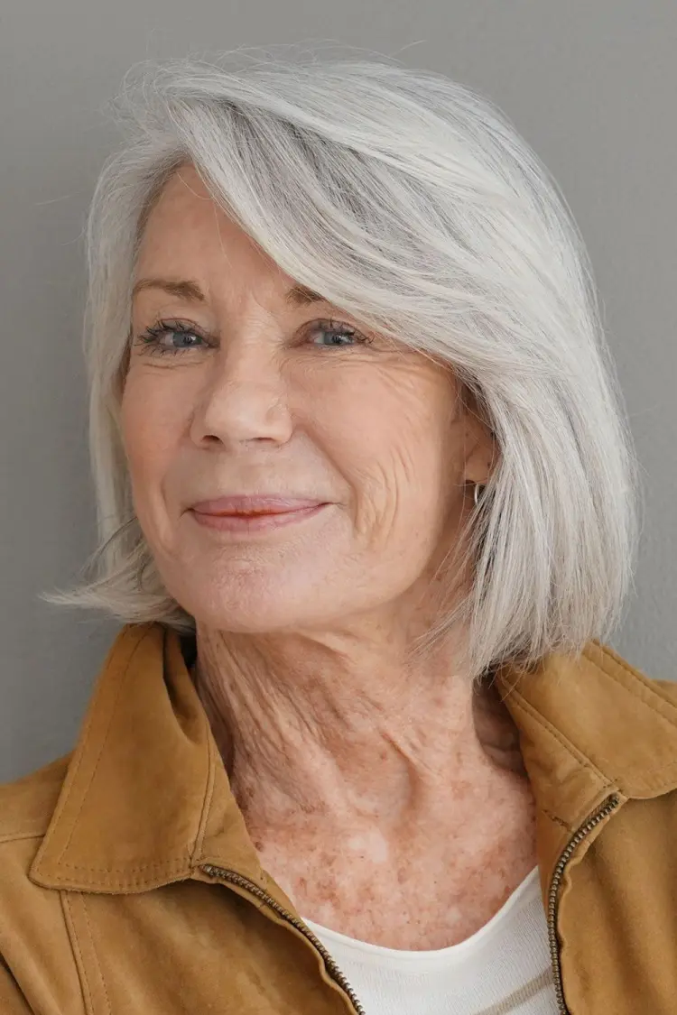quelle frange après 60 ans femme 2023 cheveux gris sur le côté carré long