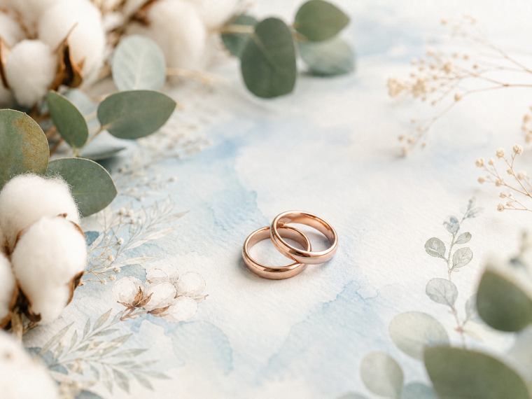 Carte de félicitation mariage aquarelle avec eucalyptus, fleurs de coton et alliances en or rose