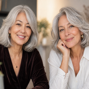 Coiffure femme 60 ans mi-long argentée élégante, deux coiffures côte à côte