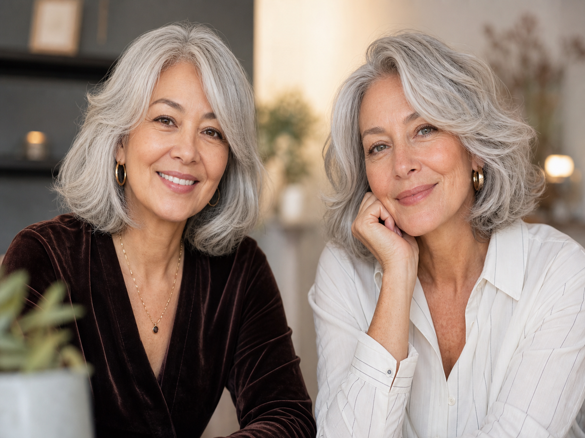 Coiffure femme 60 ans mi-long argentée élégante, deux coiffures côte à côte