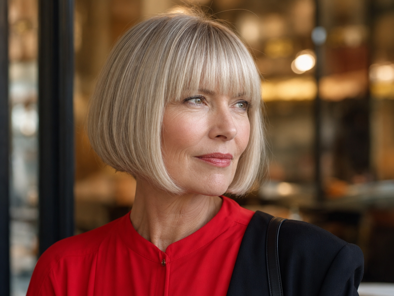 coupe cheveux mi long dégradé effilé avec frange 50 ans