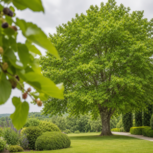 Mûrier-platane adulte aux grandes feuilles vertes dans un jardin français