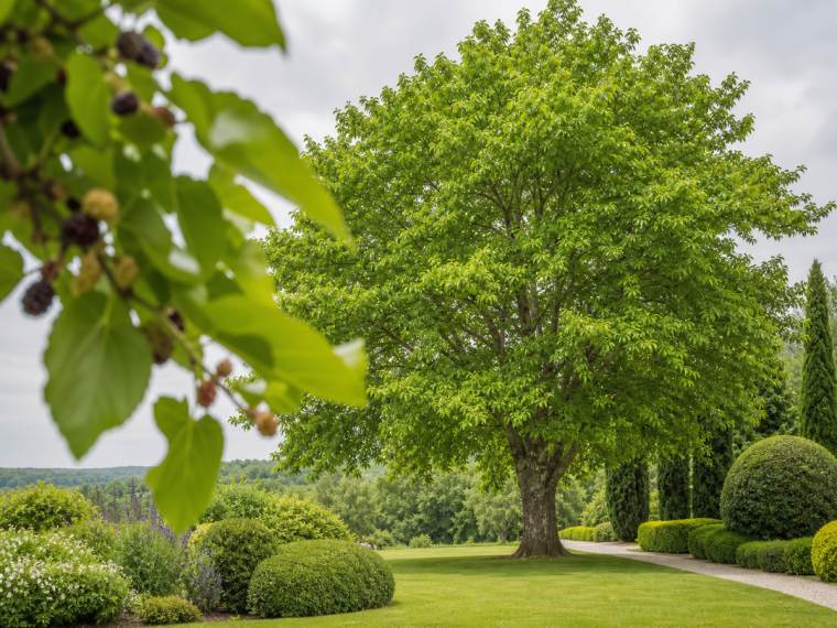 Mûrier-platane adulte aux grandes feuilles vertes dans un jardin français