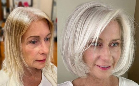 coupe cheveux blancs femme 60 ans 2023 carré court dégradé tendance avec frange