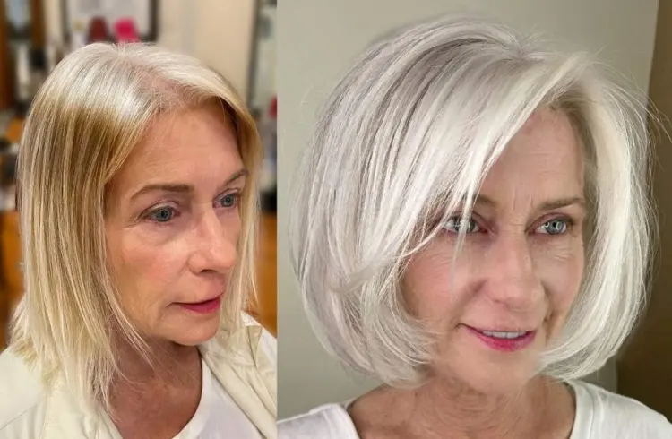 coupe cheveux blancs femme 60 ans 2023 carré court dégradé tendance avec frange