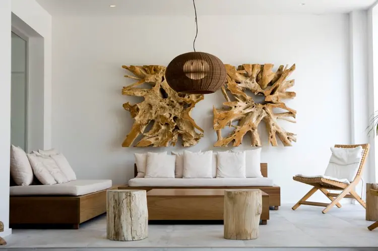 déco murale bois flotté hotel de luxe ibiza salon élégant blanc et bois