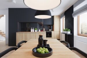 idées déco aménagement cuisine noir et bois ouverte moderne 2023 style minimaliste industriel