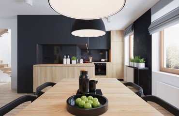 idées déco aménagement cuisine noir et bois ouverte moderne 2023 style minimaliste industriel